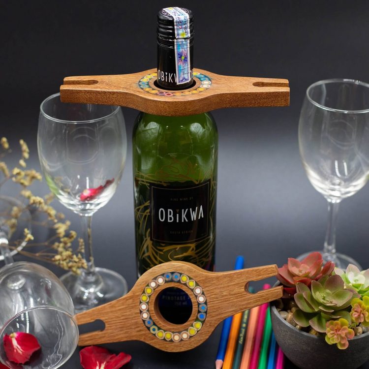 Colored-Pencil Wine Bottle Holder with 2 Long Stem Glasses