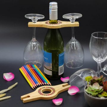 Colored-Pencil Wine Bottle Holder with 2 Long Stem Glasses