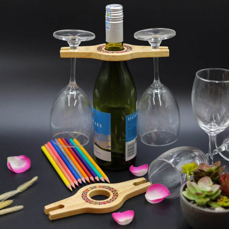 Colored-Pencil Wine Bottle Holder with 2 Long Stem Glasses