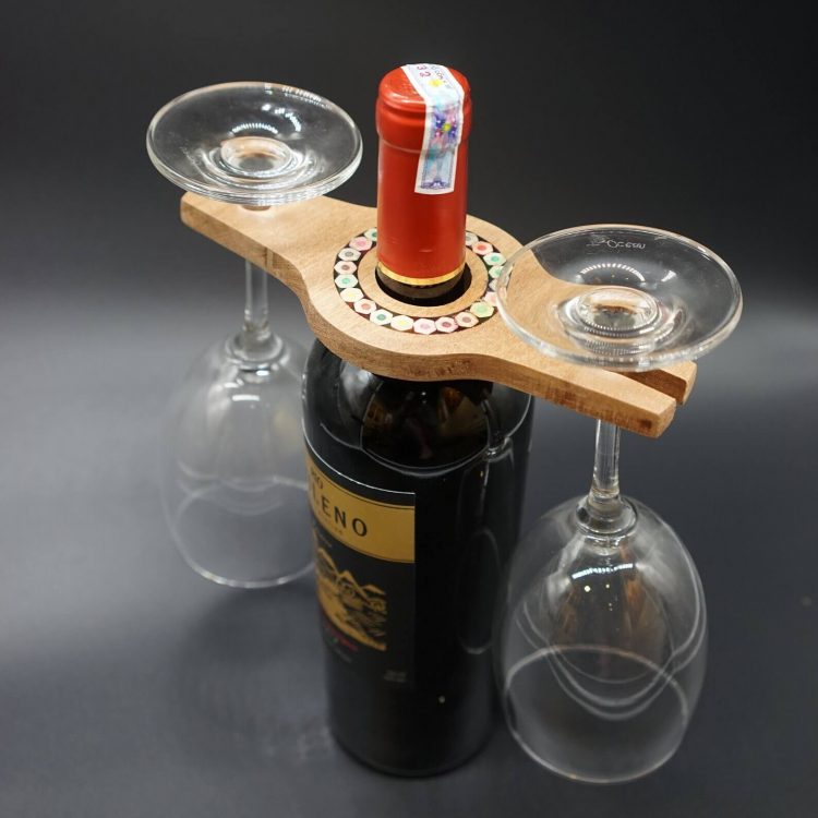 Colored-Pencil Wine Bottle Holder with 2 Long Stem Glasses