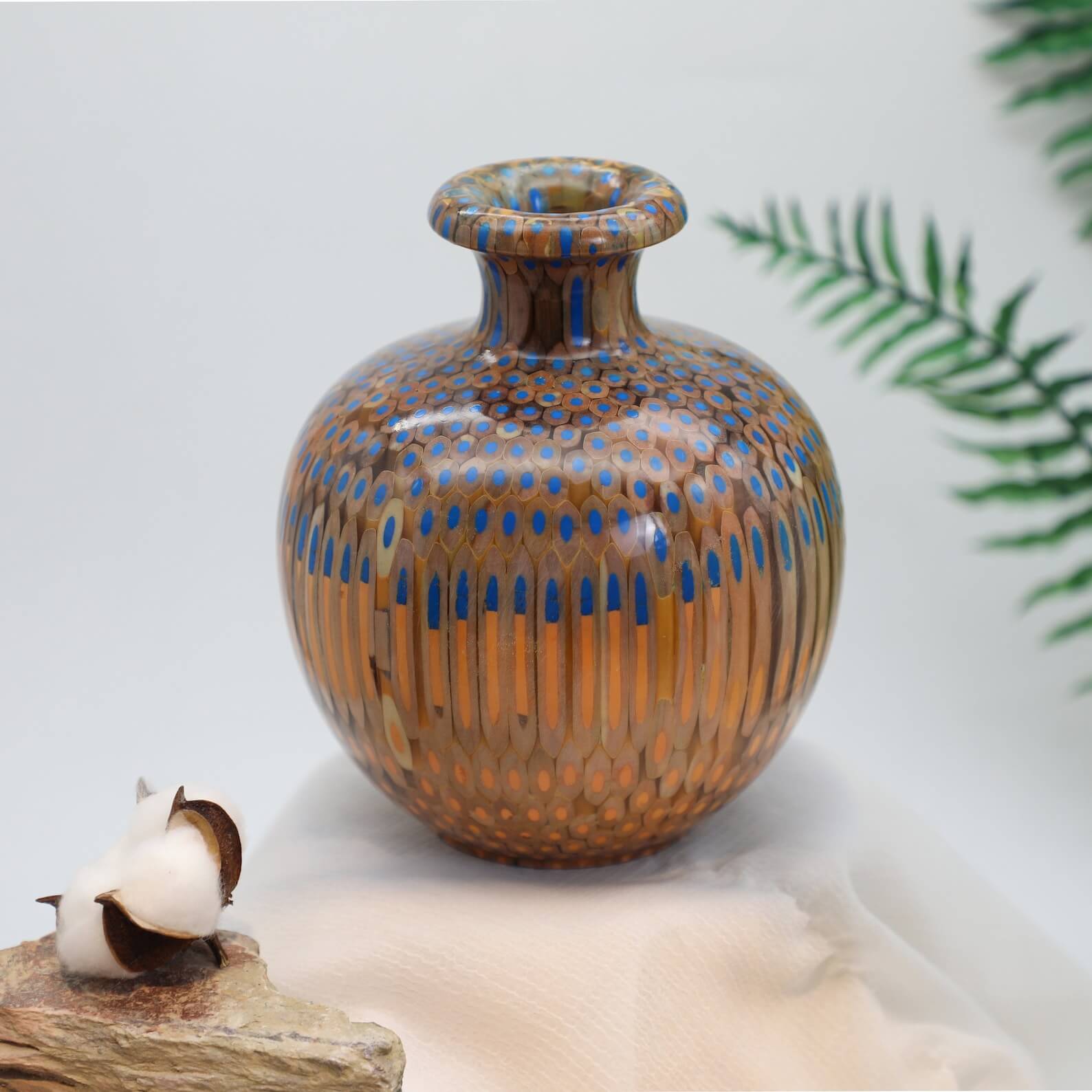 Blue Beige_Handmade Colored Pencil Vase - Cast in Clear Resin