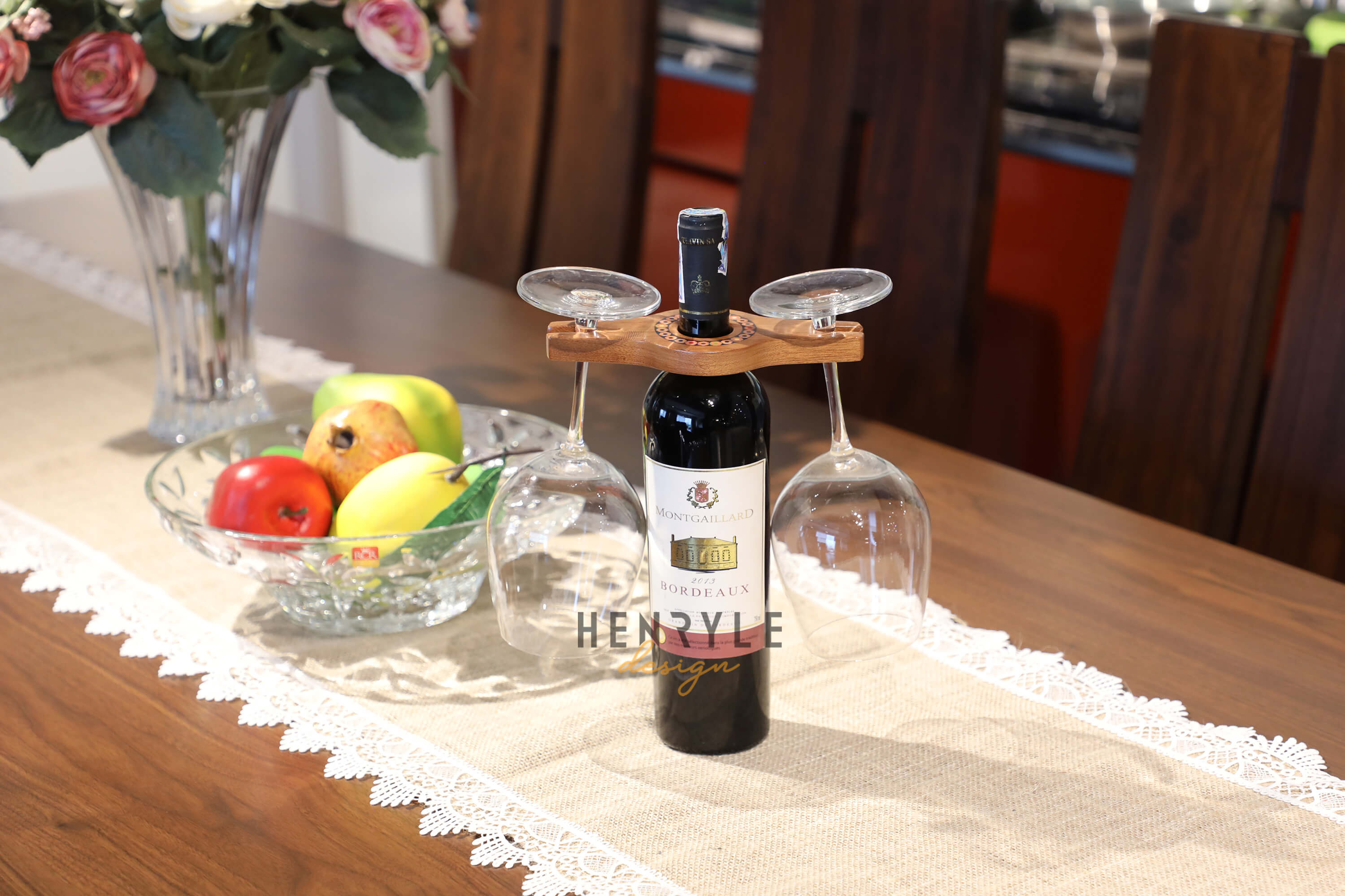 ColoredPencil Wine Bottle Holder with 2 Long Stem Glasses Henry Le