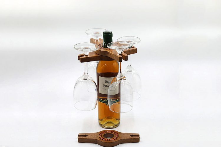 Colored-Pencil Wine Bottle Holder with 2 Long Stem Glasses