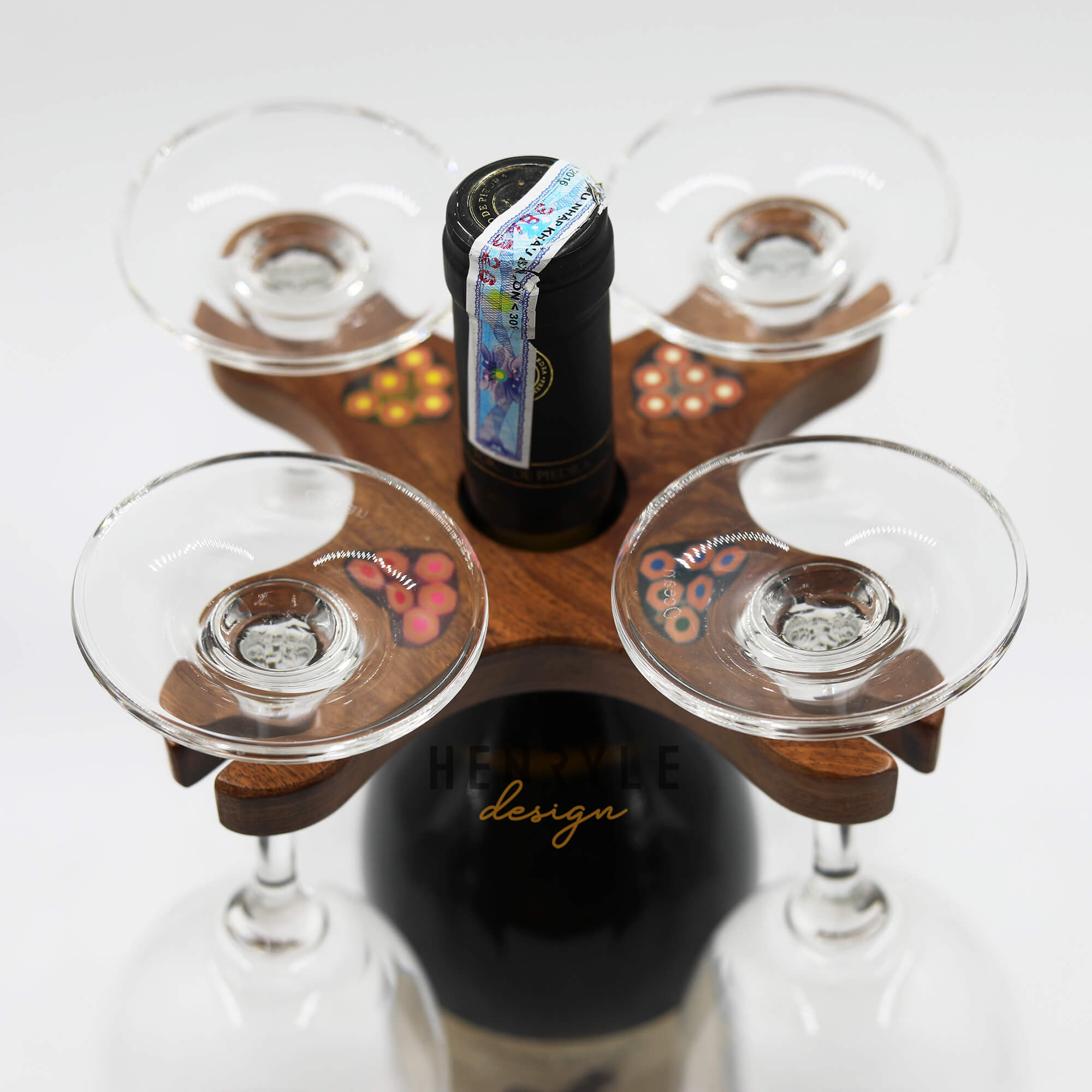 ColoredPencil Wine Bottle Holder with 4 Long Stem Glasses Henry Le