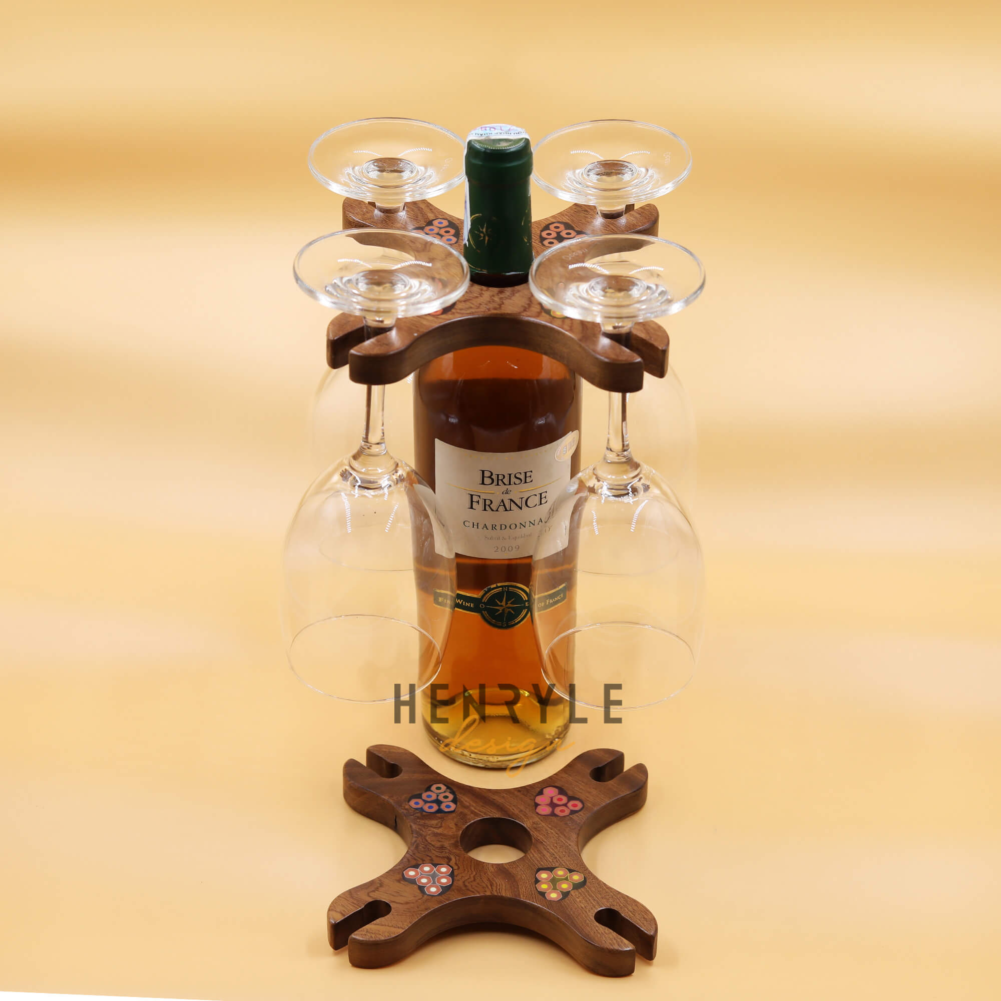 Colored-Pencil Wine Bottle Holder with 4 Long Stem Glasses