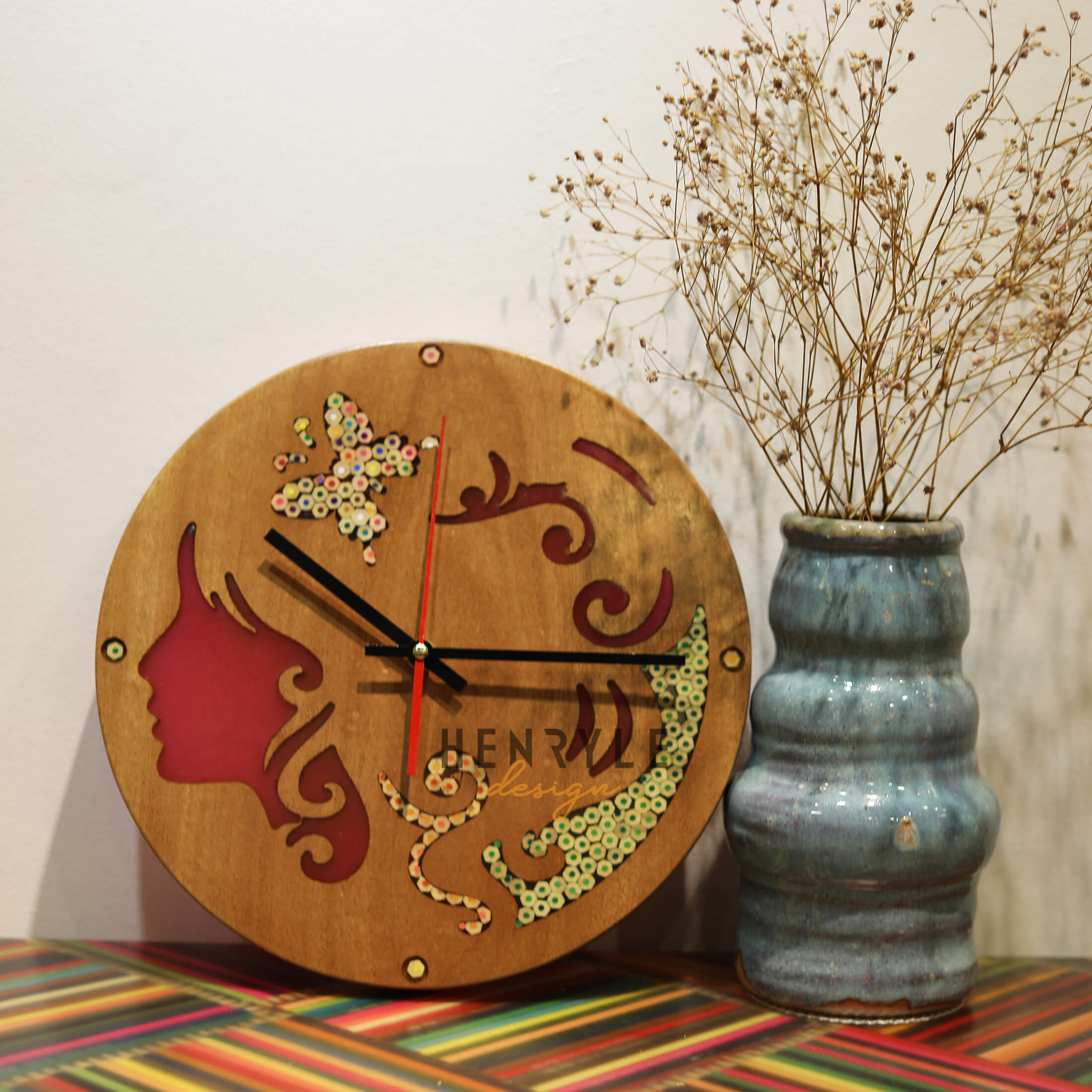 Erato Muse Resin Colored-Pencil Wood Wall Clock
