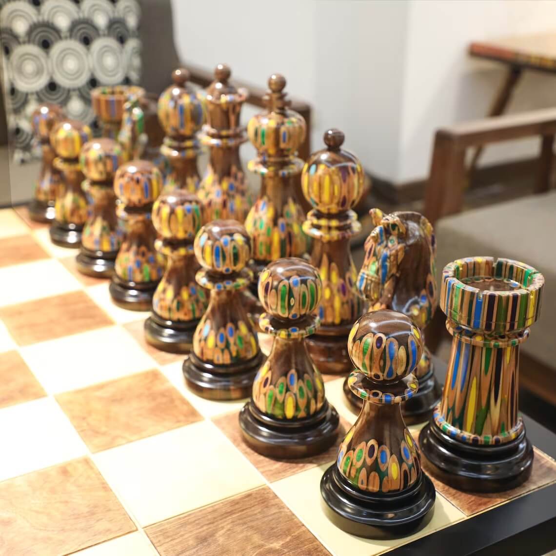 Full Set Giant Deluxe Chess Pieces with Board - High End Blended of Wood, Resin and Colored Pencils. 1