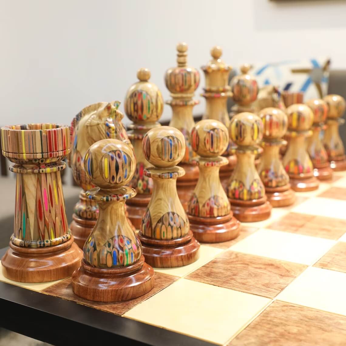 Full Set Giant Deluxe Chess Pieces with Board - High End Blended of Wood, Resin and Colored Pencils. 