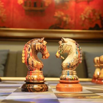 Full Set Giant Deluxe Chess Pieces with Board - High End Blended of Wood, Resin and Colored Pencils.