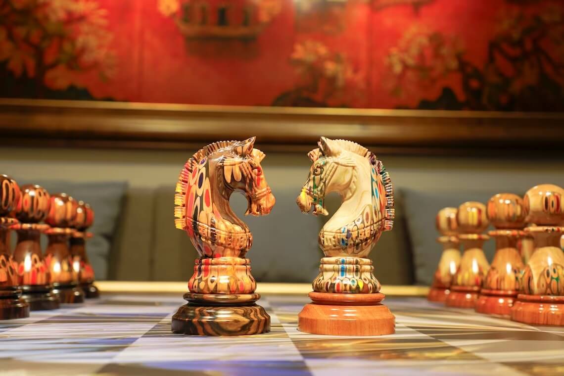 Full Set Giant Deluxe Chess Pieces with Board - High End Blended of Wood, Resin and Colored Pencils.