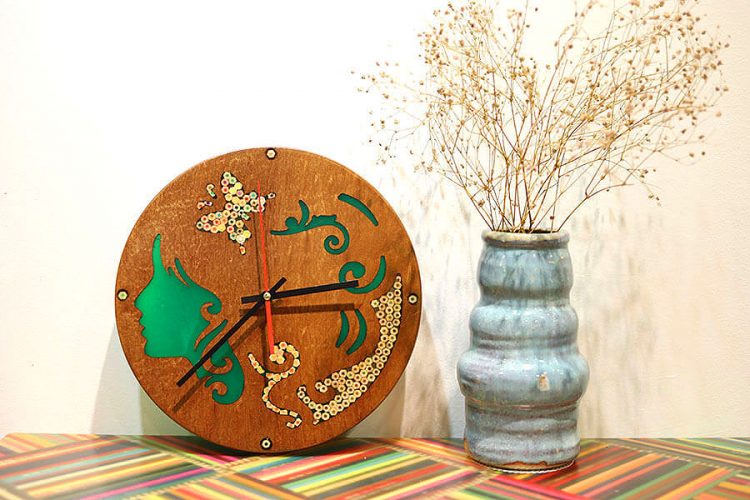 Polyhymnia Muse Resin Colored-Pencil Wood Wall Clock