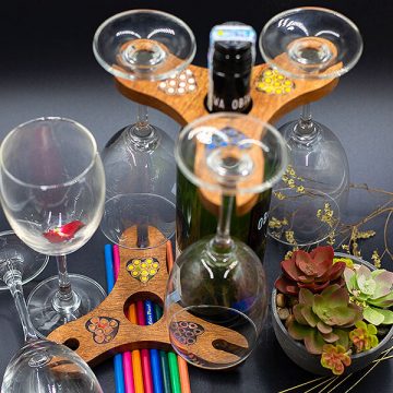 Triangle Colored-Pencil Wine Bottle Holder with 3 Long Stem Glasses5